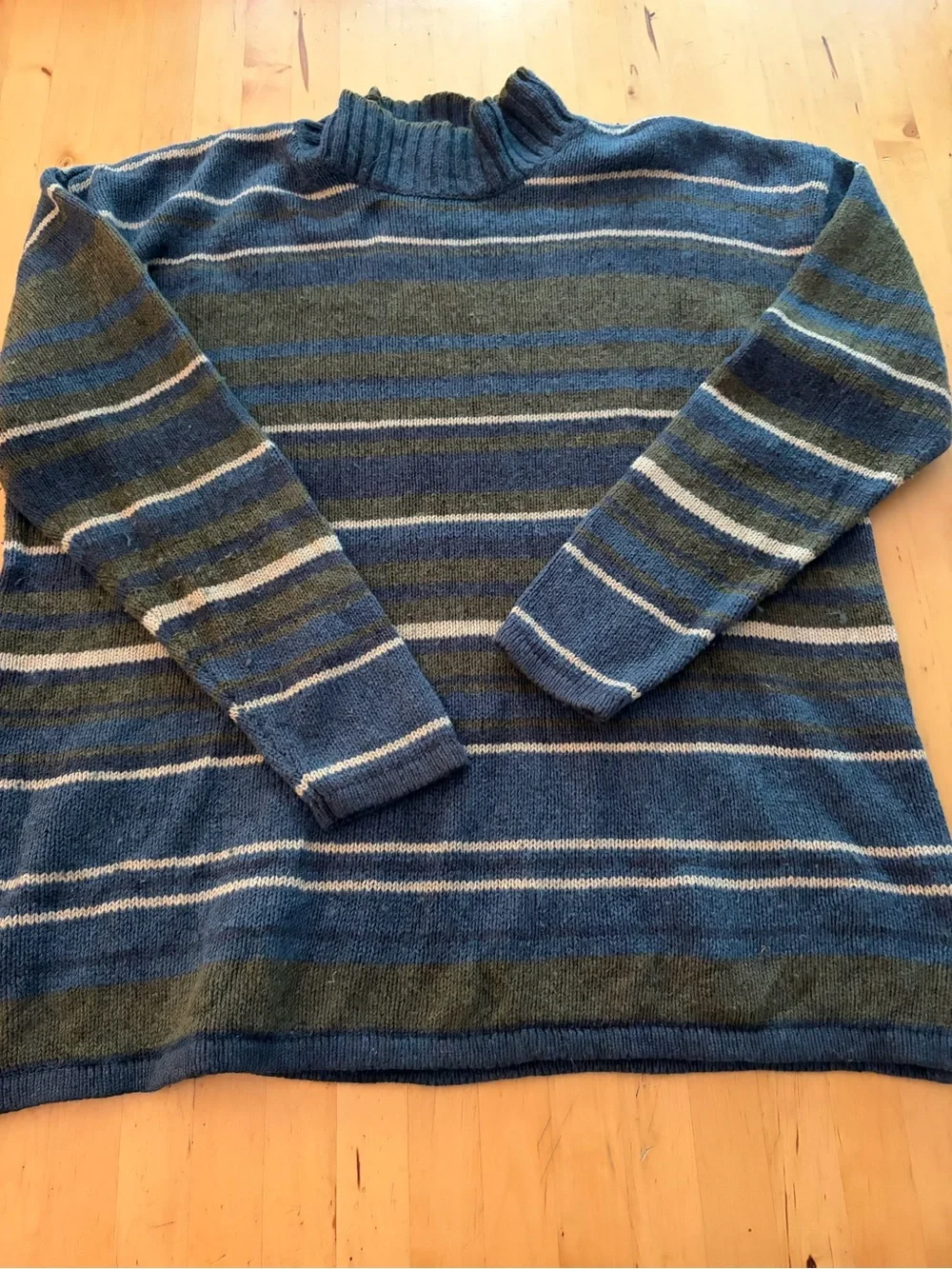 Men's Striped Crewneck Sweater - Blue & Olive silk/wool blend